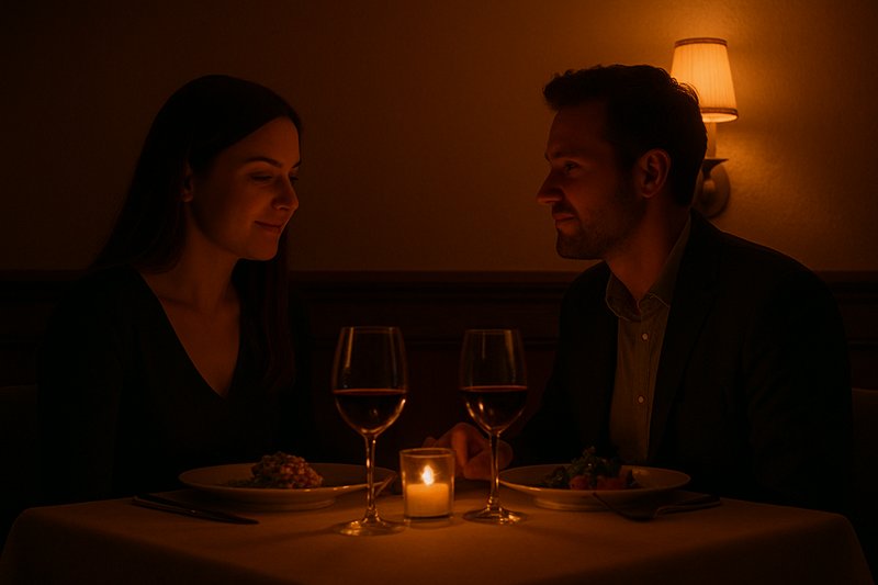 A close-up shot of a couple dining at a restaurant table, where the light from a nearby sconce is dimmed down to a very low, warm, candle-like level, creating a romantic mood