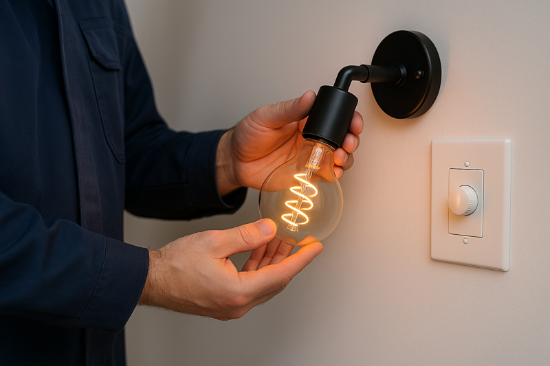 An image showing an electrician easily installing a spiral filament bulb into a standard dimmer switch fixture. The bulb is glowing warmly and is clearly compatible.