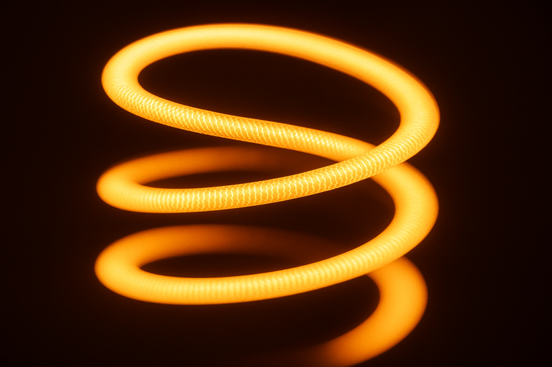 A stunning close-up macro shot of a glowing spiral LED filament, highlighting its warm, continuous, and intricate design against a dark background.