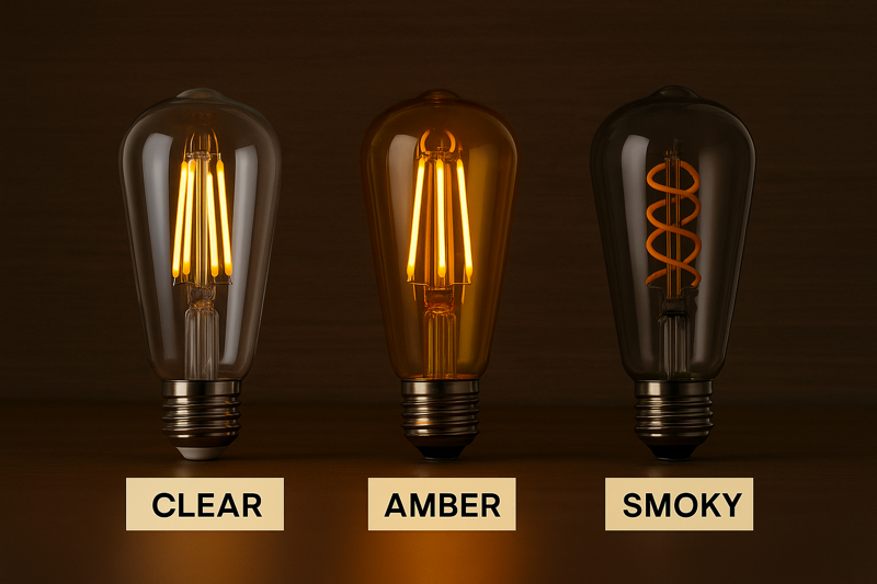 An image showcasing three identical ST64 bulbs side-by-side. The left is clear glass (bright and white), the middle is amber glass (warm and golden), and the right is smoky glass (dim and moody).