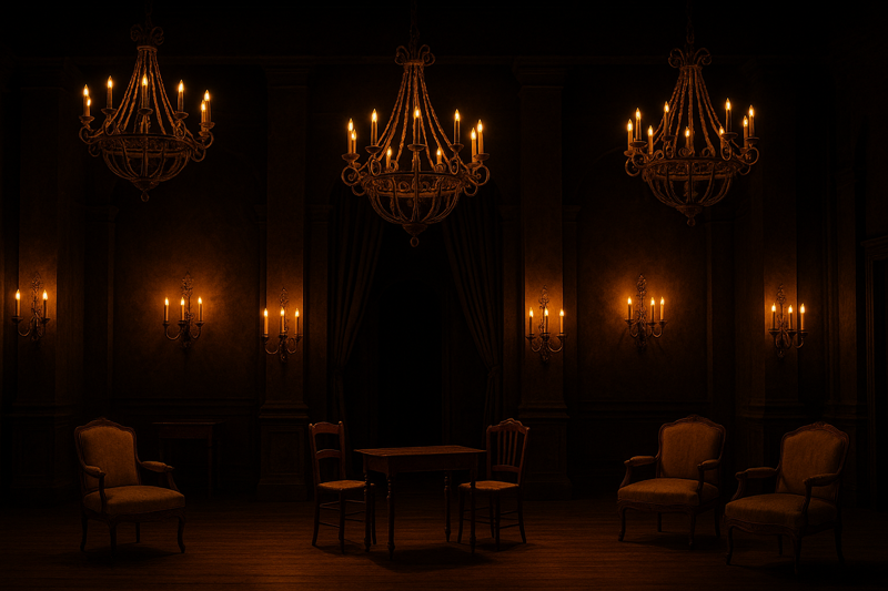 A wide shot of a beautifully designed stage set for a period drama, featuring several large, ornate chandeliers and wall sconces all lit with a warm, atmospheric glow from LED candelabra bulbs