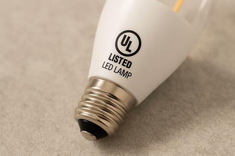 UL/ETL Certification Mark on LED Bulb A close-up shot of the base of an LED candelabra bulb, clearly showing the printed UL or ETL certification mark