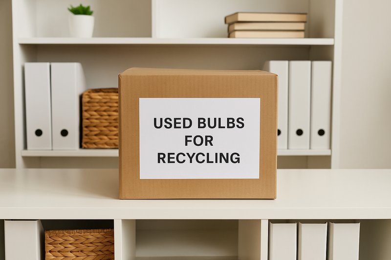 LED Bulb Collection Box A clean, organized storage area in an office or home, showing a clearly labeled cardboard box that says "Used Bulbs for Recycling"