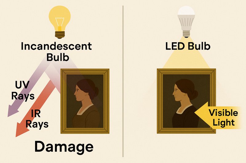 A diagram showing a beam of light from an incandescent bulb hitting a painting, with arrows for UV and IR rays causing damage. Next to it, a beam from an LED bulb shows only visible light, with no damaging rays.