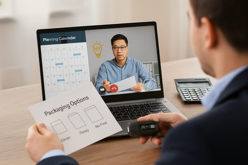 A product manager is on a video call with their factory representative. On the screen, they are looking at a shared forecast calendar and discussing packaging options, showing a collaborative partnership.