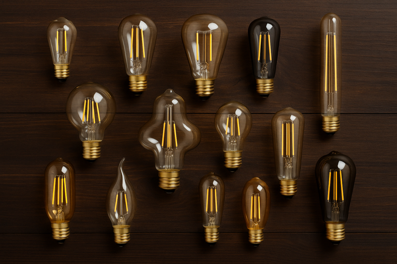 A stunning collection of different vintage Edison LED filament bulbs are attractively arranged on a dark wooden background, showcasing a variety of shapes, sizes, and glass finishes
