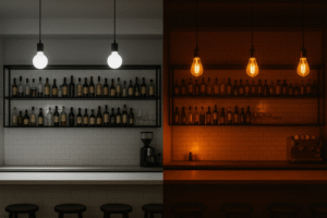 A stunning split-image. The left shows a bar with modern, bright white bulbs, looking clean but sterile. The right shows the same bar transformed with ultra-warm, amber-tinted ST64 LED filament bulbs, creating an irresistibly cozy and nostalgic atmosphere