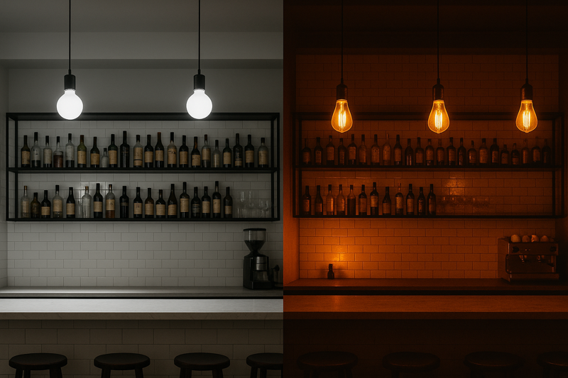 A stunning split-image. The left shows a bar with modern, bright white bulbs, looking clean but sterile. The right shows the same bar transformed with ultra-warm, amber-tinted ST64 LED filament bulbs, creating an irresistibly cozy and nostalgic atmosphere