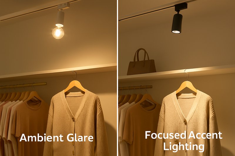 A side-by-side comparison. The left image shows a retail display with a filament bulb in a track head, casting a weak, unfocused glare everywhere. The right image shows the same display lit by a proper PAR track head, creating a sharp, focused pool of light on the merchandise