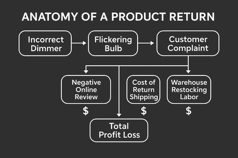 The Hidden Financial Drain of Incompatibility Returns An infographic flowchart showing the "Anatomy of a Product Return." It starts with "Incorrect Dimmer," leads to "Flickering Bulb," then to "Customer Complaint." This branches into "Negative Online Review," "Cost of Return Shipping," "Warehouse Restocking Labor," and "Total Profit Loss," with dollar signs next to each step.