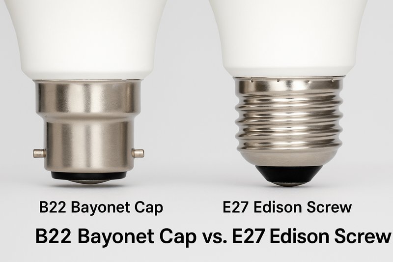 A clear image comparing a B22 base next to an E27 base. The B22's two side pins are clearly visible, contrasted with the E27's screw threads. The caption reads "B22 Bayonet Cap vs. E27 Edison Screw."