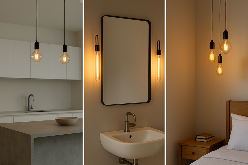 A triptych of rooms: A kitchen island with three G125 globe bulbs, a bathroom with two vertical T30 tube bulbs flanking a mirror, and a bedroom with a small cluster of ST64 Edison bulbs in a corner.