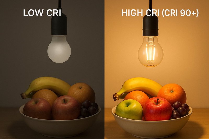 A split-screen image. On the left, a bowl of fruit under a low CRI bulb looks dull and unappetizing. On the right, the same bowl of fruit under a high CRI (CRI 90+) Hongyu Bulb filament bulb looks vibrant, fresh, and delicious