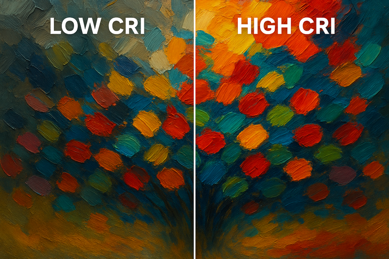 A split image of a vibrant painting. The left side is labeled 'Low CRI' and the colors are dull and washed out. The right side is labeled 'High CRI' and the colors are rich, deep, and vibrant.