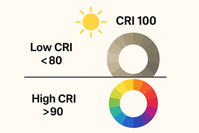Understanding the CRI Scale A simple infographic showing a color wheel. Under a "Low CRI <80" label, the colors are muted and distorted. Under a "High CRI >90" label, the colors are bright, accurate, and vivid. The sun is shown at the top with a CRI 100 score.