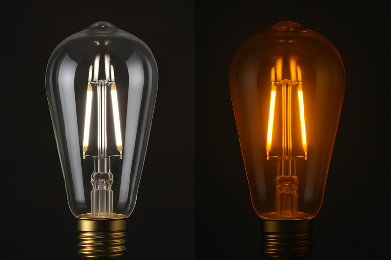 A close-up comparison. A clear filament bulb on the left shows intensely bright, sharp points of light. On the right, an identical bulb with amber/gold-tinted glass shows a soft, unified, comfortable glow with no harsh points.