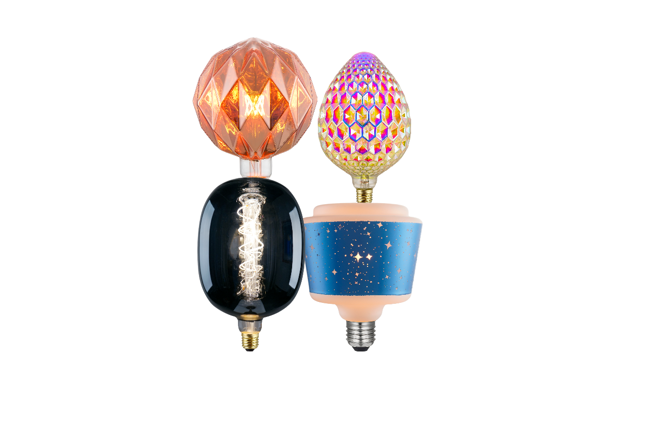 Custom decorative LED filament bulbs in creative shapes and colors, including diamond, mosaic, black glass, and star-patterned designs for unique lighting projects.