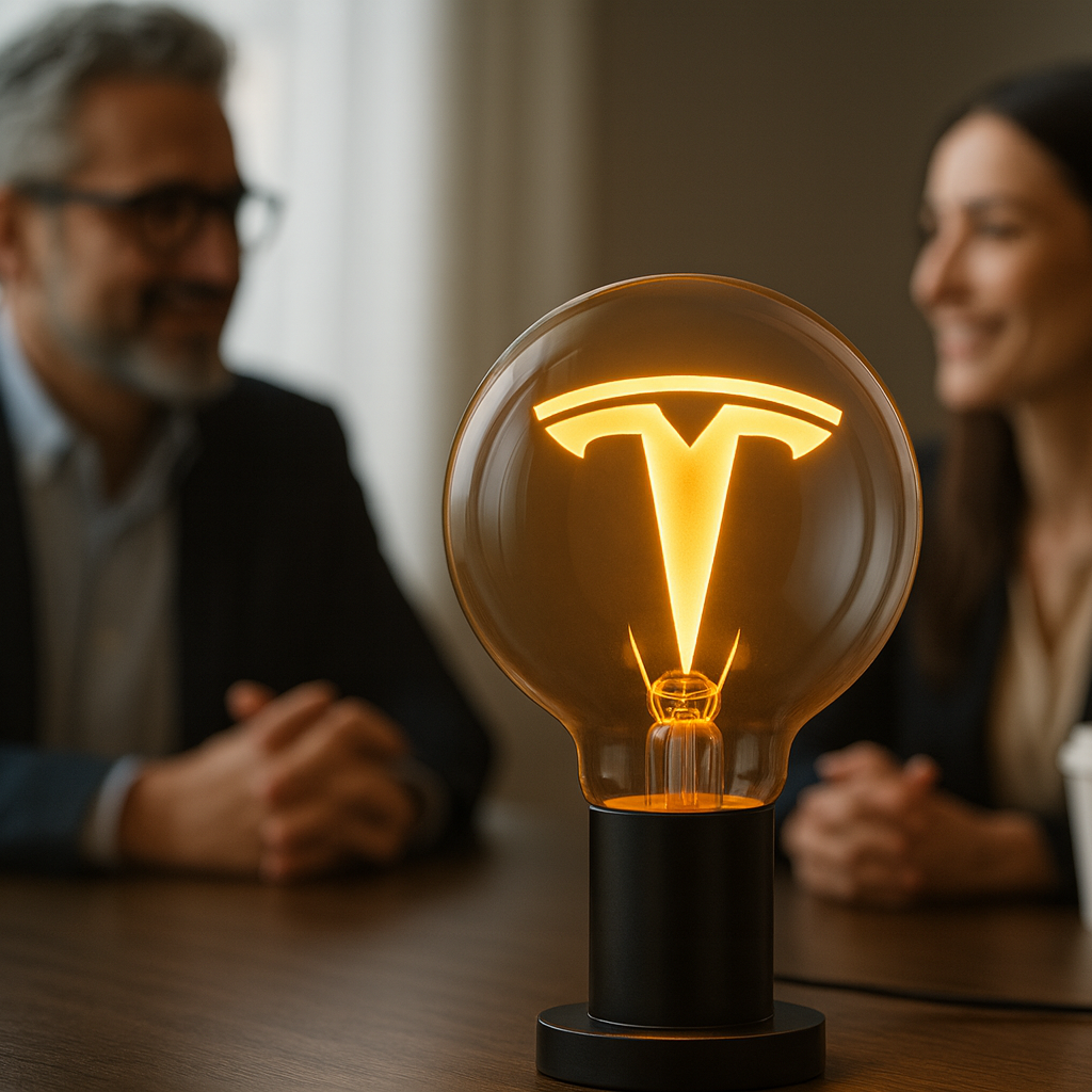 Custom logo filament LED bulb on a desk during a business meeting, showcasing warm ambient lighting and branded decorative illumination