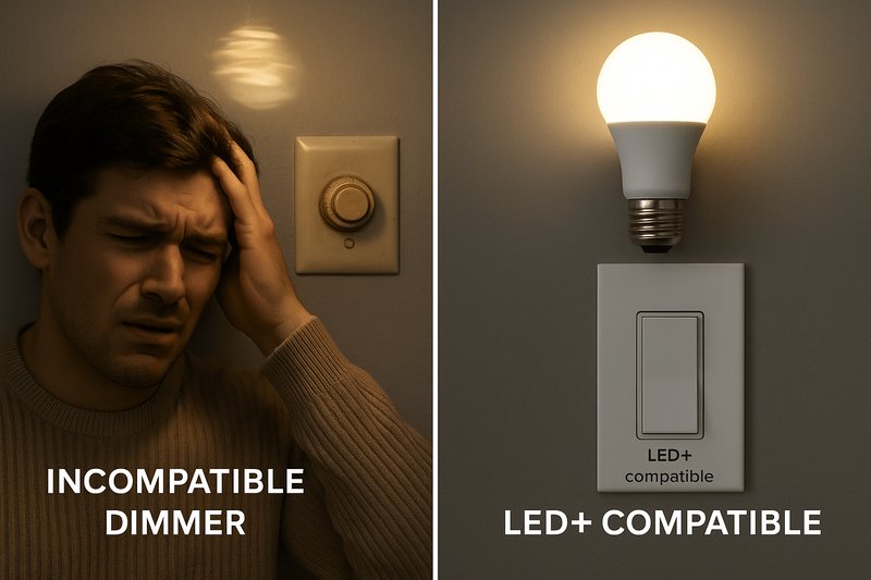 A split image showing two scenarios. On the left, a frustrated person looks at a flickering LED bulb controlled by an old, yellowed rotary dimmer switch. On the right, a smoothly glowing LED bulb is controlled by a modern, clean-looking paddle-style dimmer labeled "LED+ compatible."