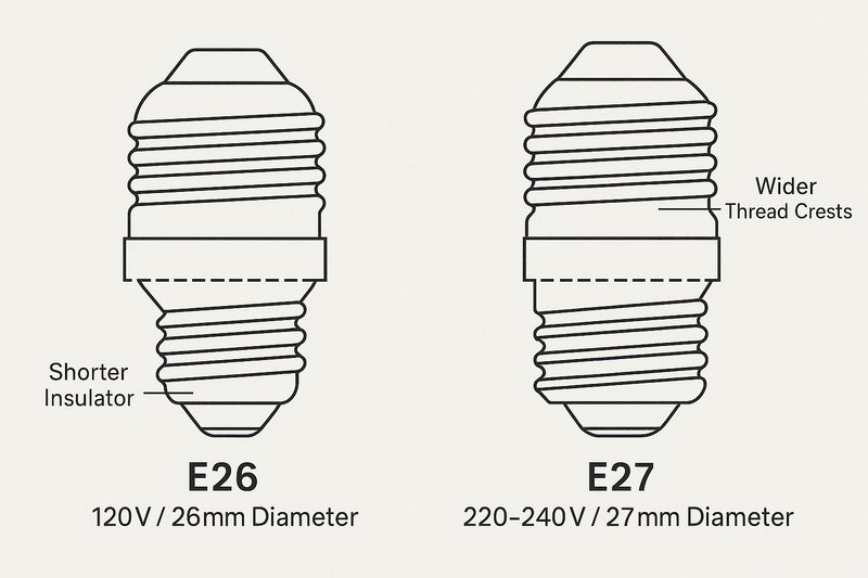 A side-by-side technical drawing. The E26 base is labeled "120V / 26mm Diameter" and shows a slightly shorter insulator. The E27 base is labeled "220-240V / 27mm Diameter" and shows a taller insulator and wider thread crests, with the key differences highlighted.