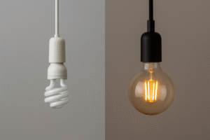 A beautiful split image. On the left, a cheap plastic socket with a standard CFL bulb on a plain white cord looks incomplete. On the right, a premium G125 globe filament bulb in a matte black socket on a fabric cord looks elegant, intentional, and high-end.
