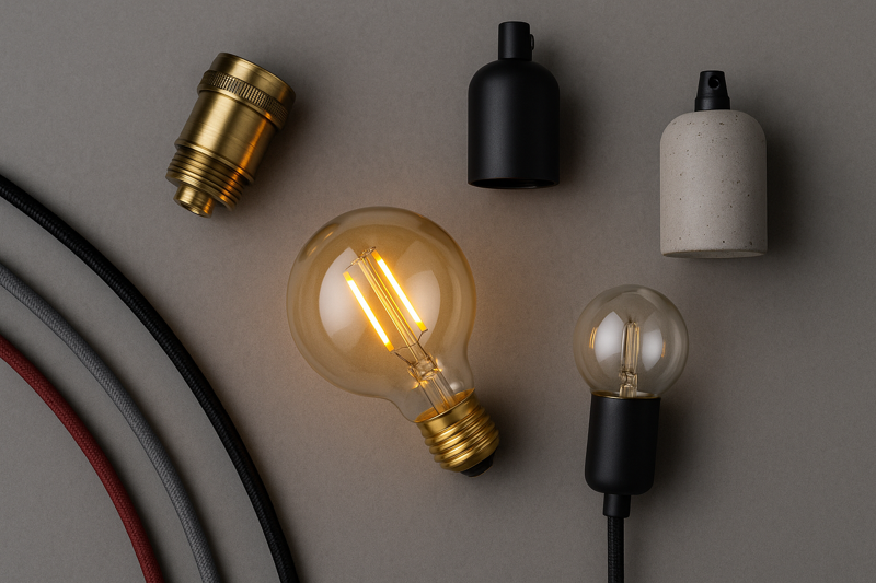 A close-up "flat lay" image showing different fixture components: a brass socket, a matte black socket, a concrete socket, and samples of black, grey, and red fabric cords, plus a G80 globe bulb.