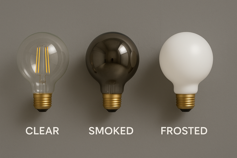 An image of three G95 globe bulbs against a grey wall. The first is clear. The second has a 'smoked' (titanium) finish, appearing like a dark mirror. The third is a 'frosted' (opal) finish, appearing as a solid white sphere.