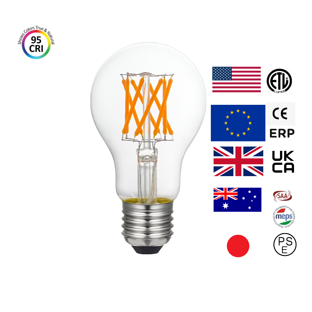 A high-quality LED filament bulb featuring CRI90 performance, displayed with global certification icons including ETL and Title 24 for the United States, CE/ERP/RoHS for the European Union, UKCA for the United Kingdom, SAA and MEPS for Australia, and PSE for Japan. The image highlights the bulb’s clear glass, orange filaments, and E26/E27 base.