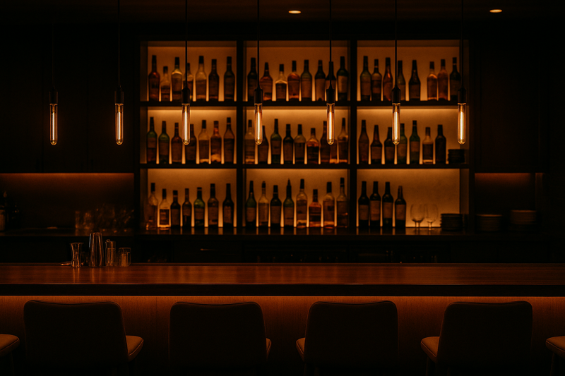 Layered Lighting: A High-End Bar's Secret A stunning photo of a high-end restaurant bar. T30 T-series filament bulbs hang in a row of pendants over the polished bar top. The bottles on the back shelves are glowing from hidden backlights. A soft light emanates from under the bar counter.
