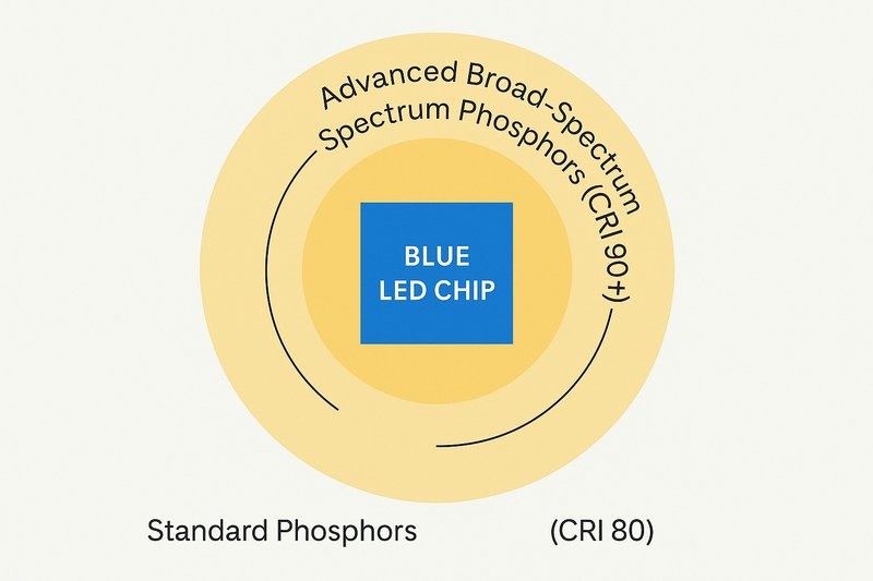 The Technology Behind High CRI LEDs A simple diagram shows a blue LED chip. Around it are two circles of phosphors. The inner circle is labeled "Standard Phosphors (CRI 80)". The outer, larger circle is labeled "Advanced Broad-Spectrum Phosphors (CRI 90+)", indicating more complex materials are needed.