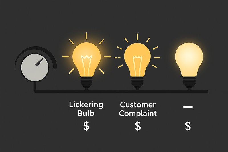 An animation showing a dimmer switch dial turning down. On the track, some bulbs dim smoothly, some start to flicker at the halfway point, and one goes out completely, illustrating the inconsistency of the dimming curve among different bulbs.