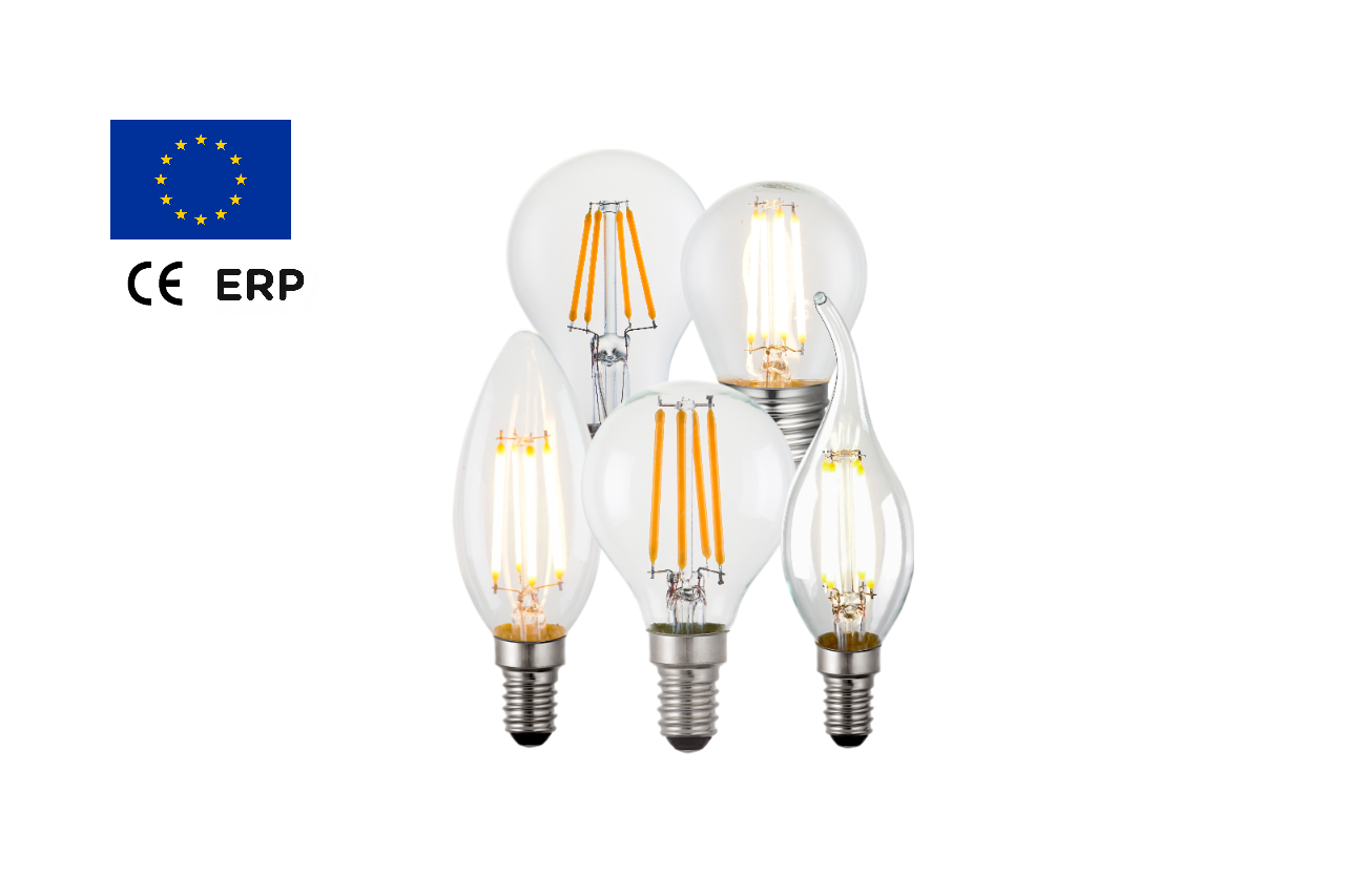 Collection of five LED filament bulbs in various shapes, including candle, flame-tip, mini globe, and A60 bulbs, displayed on a clean white background for product comparison.