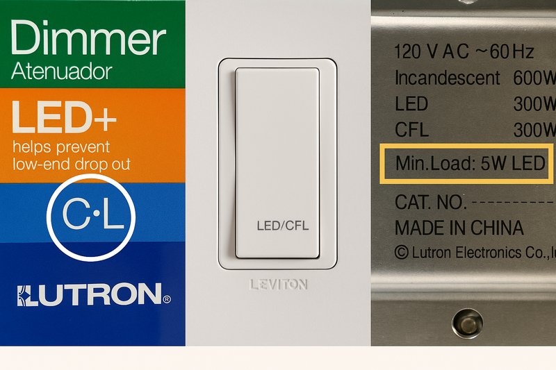 Identifying LED-Compatible Dimmers A collage of photos. One shows the packaging of a Lutron C.L dimmer, with the "C.L" logo circled. Another shows a Leviton Decora dimmer with "LED/CFL" printed on it. A third shows the back of a dimmer with its technical specs, highlighting the "Min. Load: 5W LED" text.