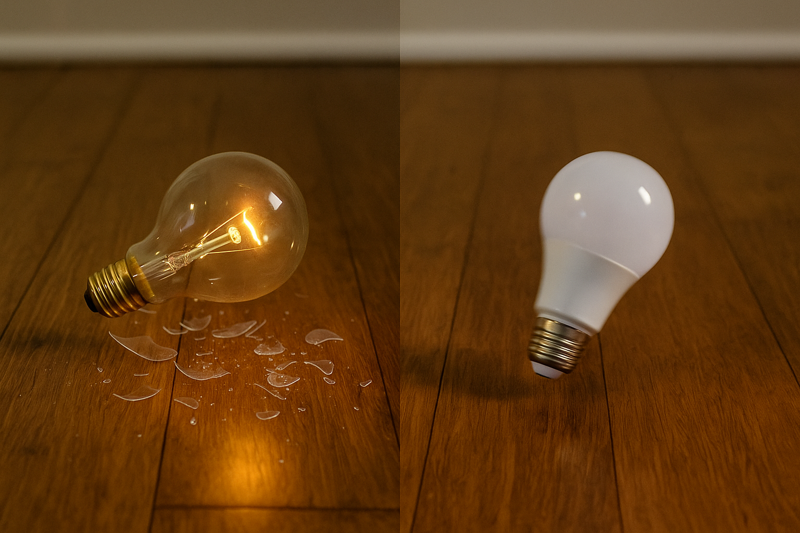 An image showing two bulbs falling onto a wooden floor from a short height. The glass incandescent bulb is shattering on impact. The plastic LED filament bulb is bouncing, completely intact and undamaged.