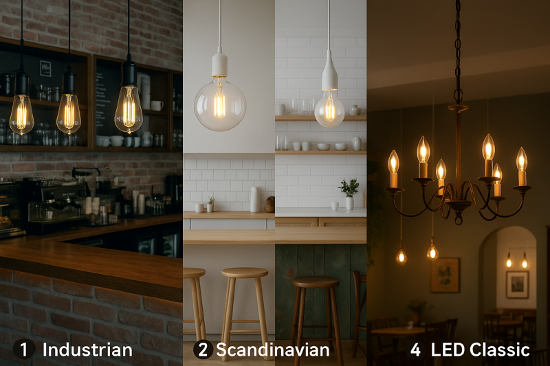 One Bulb, Many Styles: Adapting Filament Lighting A collage of four different cafe styles, all using filament bulbs. 1) Industrial: ST64 in metal cages. 2) Scandinavian: Large G125 clear globes on white cords. 3) Bohemian: A mix of different shapes and sizes hanging in a cluster. 4) Classic: C35 candle bulbs in a traditional chandelier.