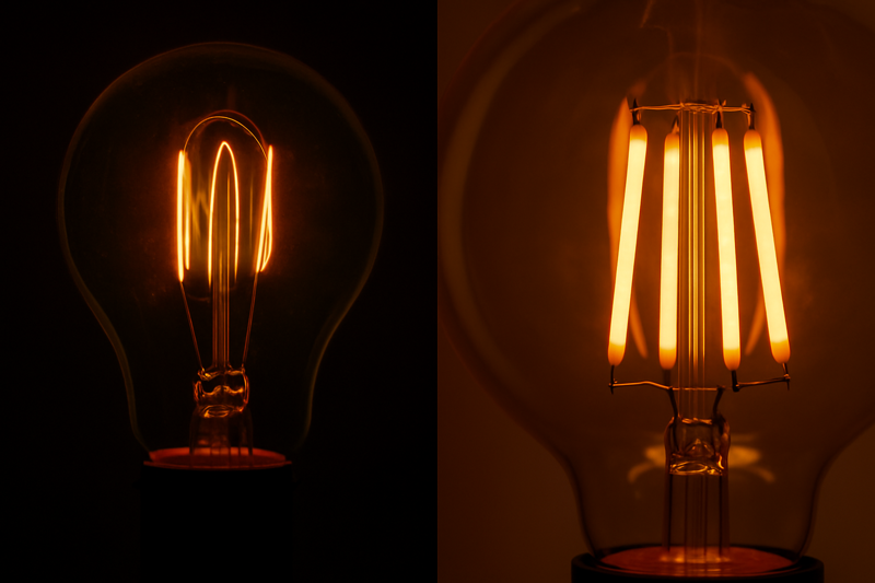 A dramatic close-up, side-by-side comparison. On the left, a traditional glowing tungsten filament. On the right, a glowing LED filament from an amber glass bulb. The warmth, color, and nostalgic feel are virtually identical.