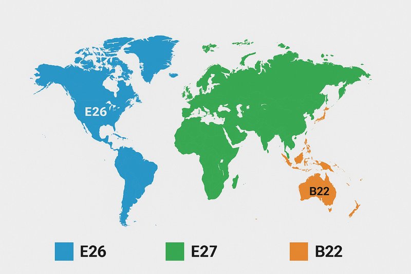 A clear, simple infographic showing a map of the world. North America and Japan are colored blue and labeled "E26." Europe, Asia, and most other regions are colored green and labeled "E27." The UK, Australia, and India are highlighted in orange and labeled "B22."