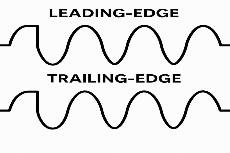 A simple animation or diagram showing the AC electrical sine wave. The "Leading-Edge" dimmer chops off the front of the wave, creating a harsh jolt of electricity. The "Trailing-Edge" dimmer smoothly cuts off the back of the wave, creating a gentle ramp-down of power.