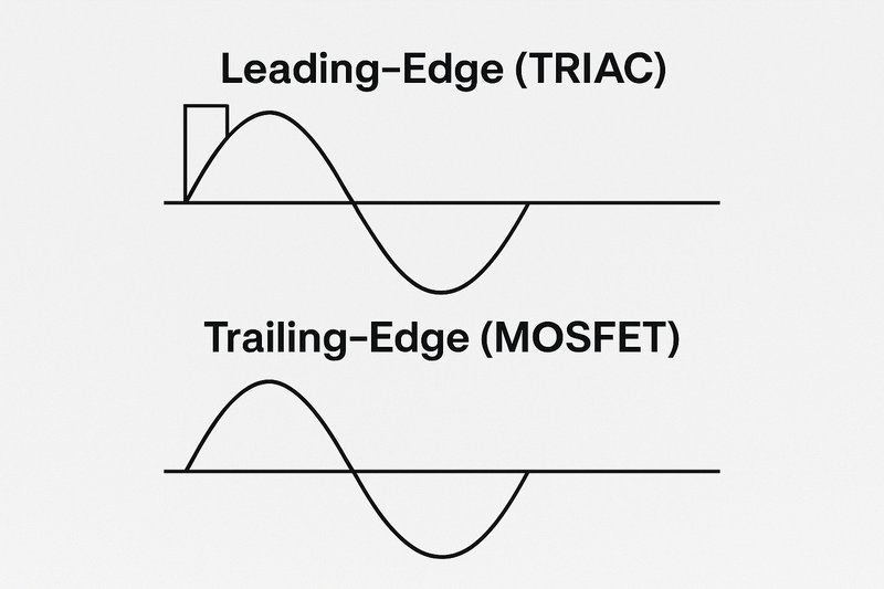 Leading-Edge vs. Trailing-Edge Waveform Comparison A clear, simple diagram comparing the AC electrical sine wave for two dimmer types. The first, labeled "Leading-Edge (TRIAC)", shows the front of the wave being abruptly chopped off. The second, labeled "Trailing-Edge (MOSFET)", shows the back of the wave being smoothly ramped down.