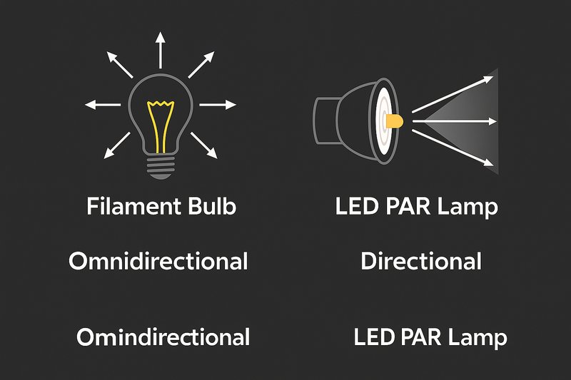 A diagram illustrating the physics of light. The left side shows a filament bulb with light rays shooting out in all directions. The right side shows an LED PAR lamp with an internal reflector and lens, gathering the light rays and focusing them into a tight, controlled cone.