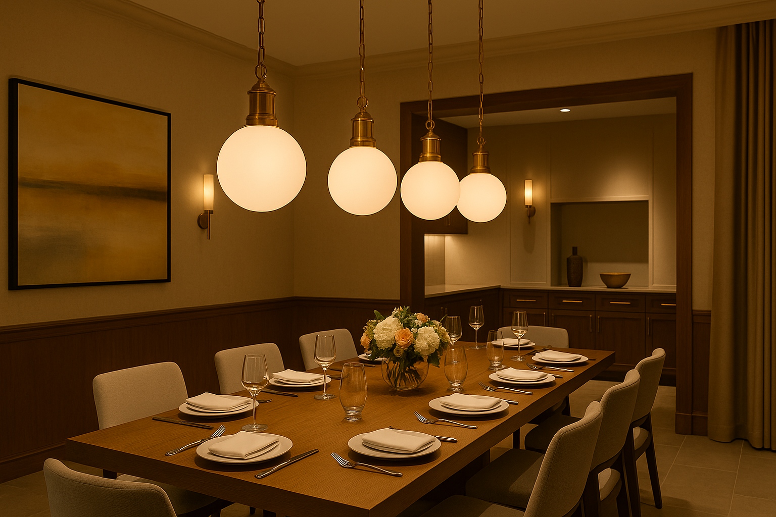 Warm dining room lighting with modern globe pendant lights hanging above a wooden table set for a formal dinner.