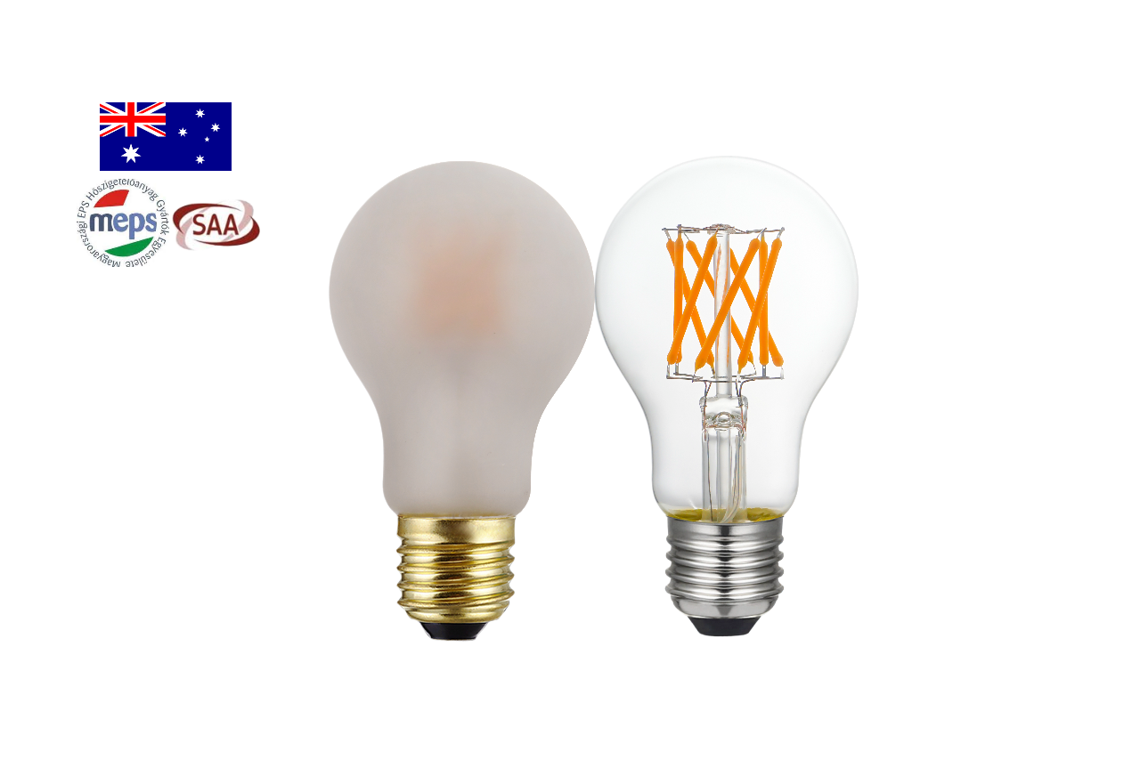Australia-certified LED filament bulbs with MEPS and SAA approval, featuring frosted and clear A60 designs for reliable 240V lighting.