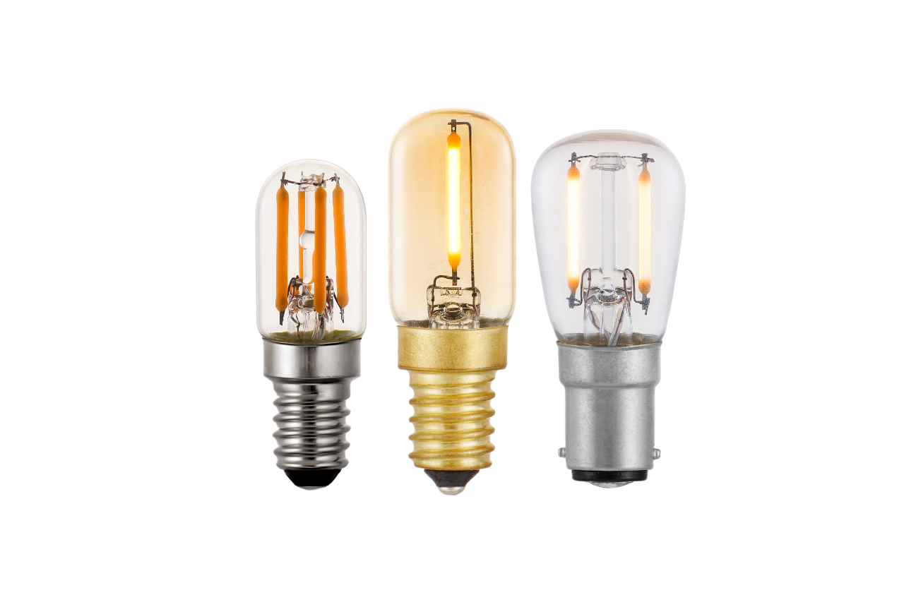 Mini LED filament bulbs in E12, E14, and B15 bases with clear and amber glass options, high-efficiency decorative small-size lamps for appliances and fixtures