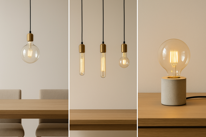 A triptych of minimalist fixtures. 1) A single, large G125 globe bulb hanging over a simple dining table. 2) A row of T30 tube bulbs creating a linear light feature. 3) A small G80 globe bulb in a simple concrete desk lamp.