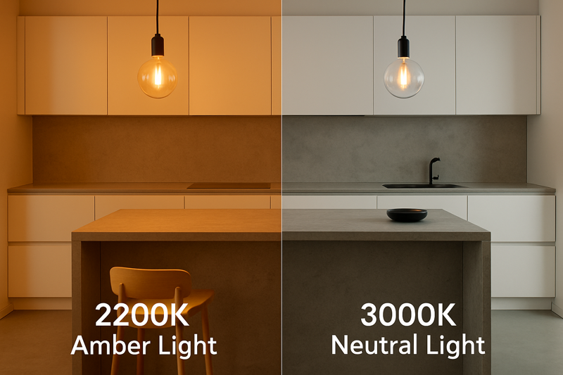 A split-screen view of a minimalist kitchen with white cabinets and a concrete island. The left side is lit with 2200K amber light, making the white look yellow and dingy. The right side is lit with 3000K neutral light, making the whites look crisp and the textures sharp.