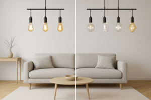 A split image showing a minimalist living room. The left side uses amber, teardrop-shaped ST64 bulbs, which look cluttered and out of place. The right side uses large, clear G125 globe bulbs with straight filaments, looking clean, intentional, and sculptural