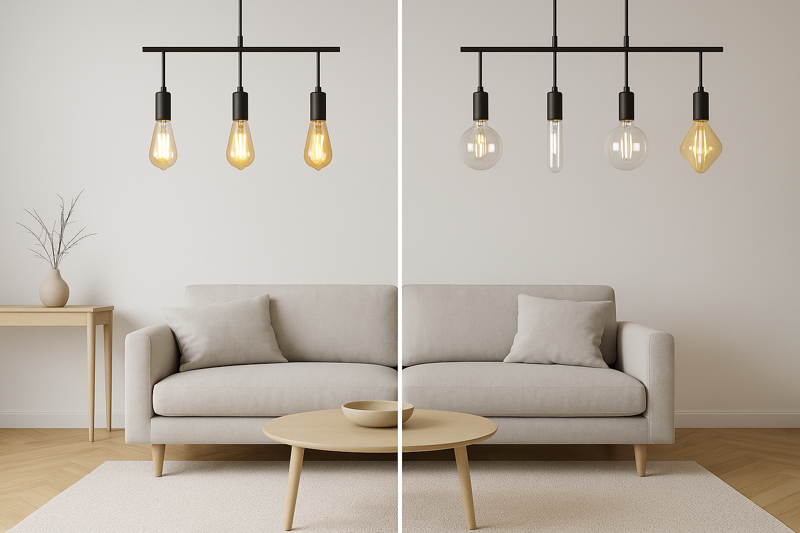 A split image showing a minimalist living room. The left side uses amber, teardrop-shaped ST64 bulbs, which look cluttered and out of place. The right side uses large, clear G125 globe bulbs with straight filaments, looking clean, intentional, and sculptural