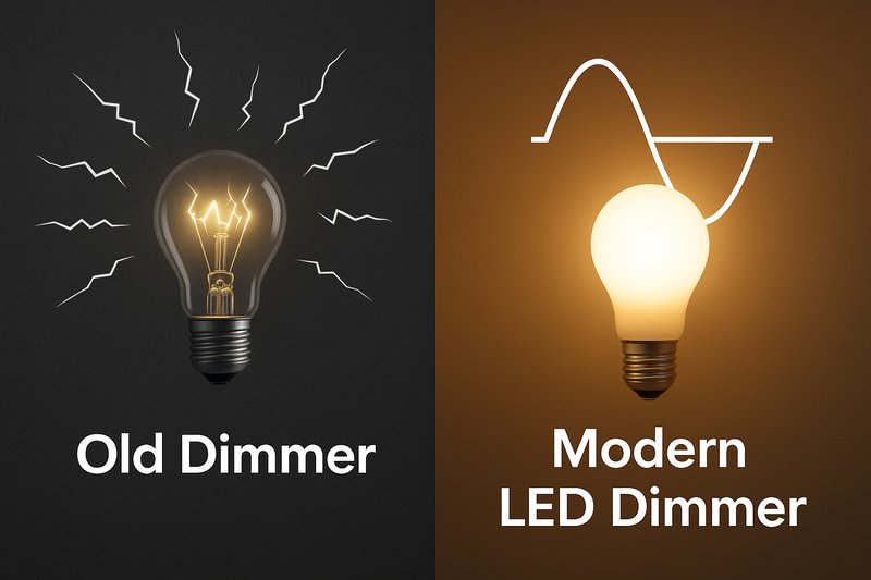 A dramatic split-image. The left side shows a chaotic, flickering light bulb with jagged lines representing electrical noise, under the label "Old Dimmer." The right side shows a smoothly glowing bulb with a clean sine wave, under the label "Modern LED Dimmer."