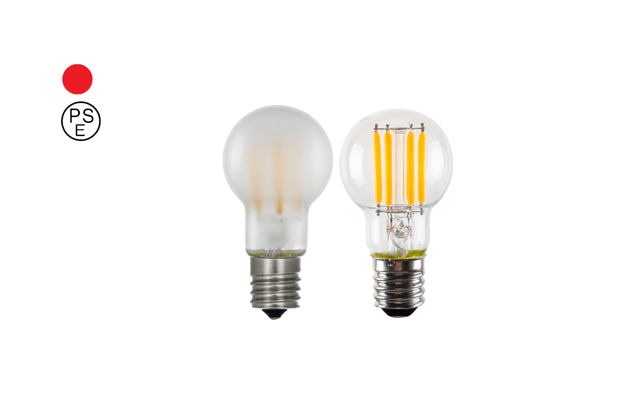 PSE-certified LED filament bulbs for Japan, featuring frosted and clear G-shaped designs with safe and stable 100V performance