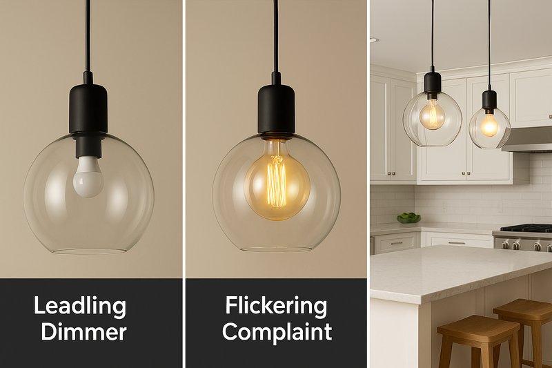 A visually appealing triptych. The left panel shows a large glass globe pendant with a tiny A19 bulb inside, looking lost. The middle panel shows the same pendant with a large G125 globe filament bulb, perfectly filling the space. The right panel shows a row of these perfectly matched pendants over a kitchen island